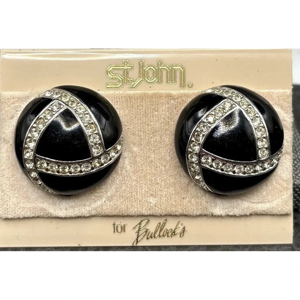 Vintage St. John 80s Black Enamel Glass Rhinestone Clip Earrings Silver Tone